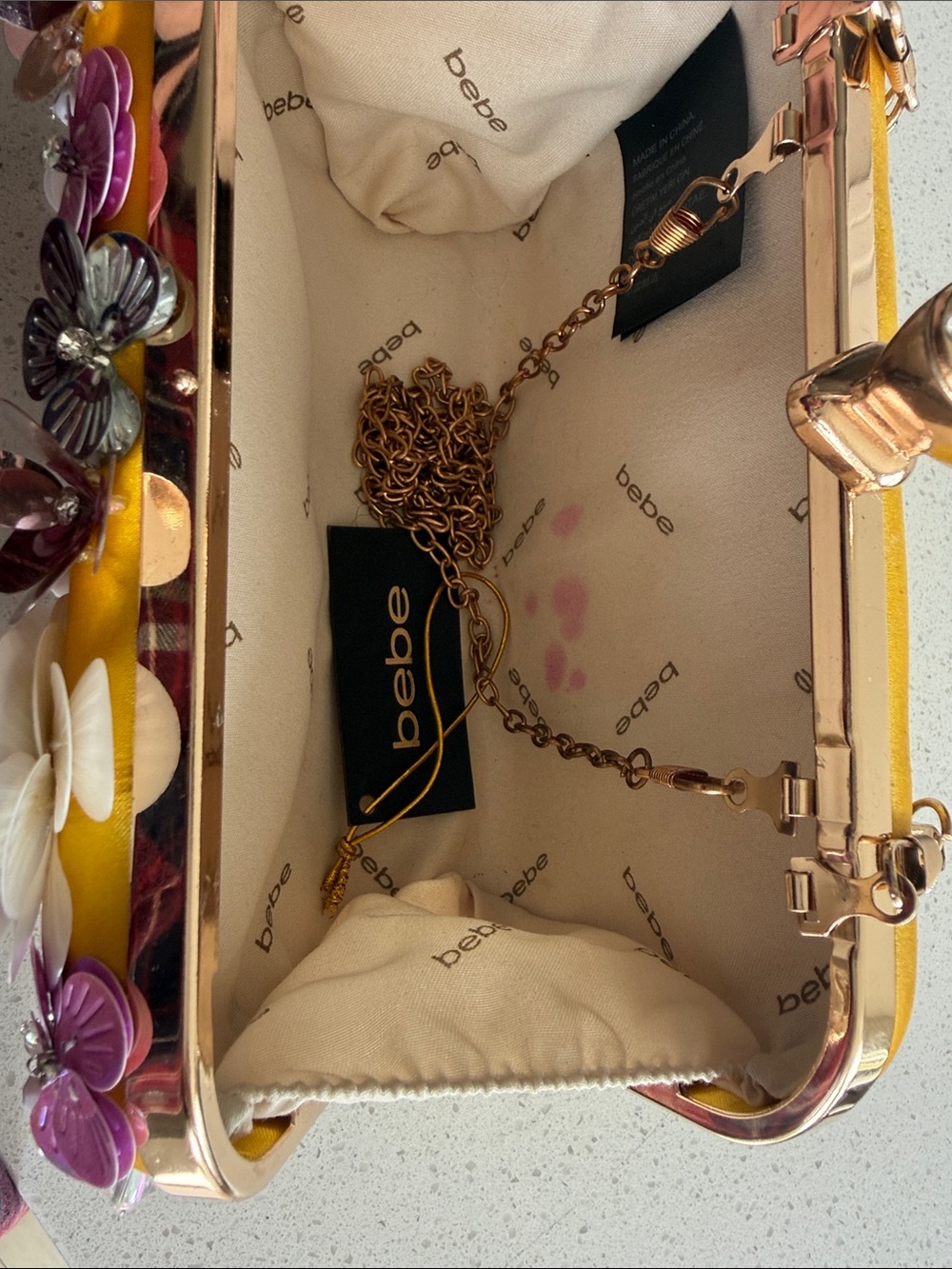bebe Clutch Shoulder Bag Small purse Yellow Floral Top-Handle with Flowers - Picture 6 of 11